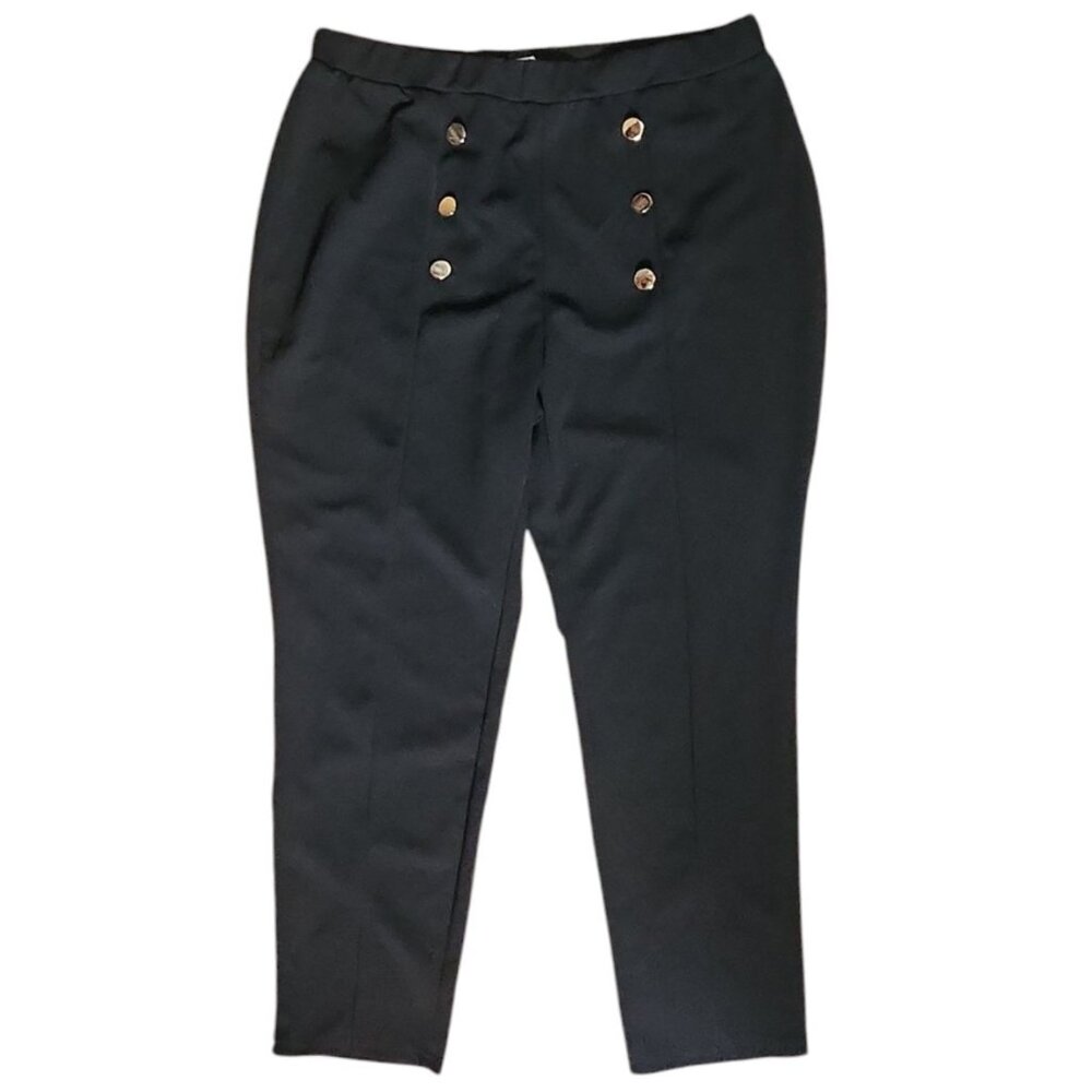 Shein Curve Pants Womens Plus Size‎ 1XL Solid All Black Pull On Button Detail